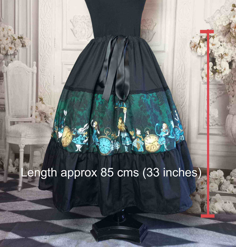 Alice in wonderland print tea length skirt in green and black