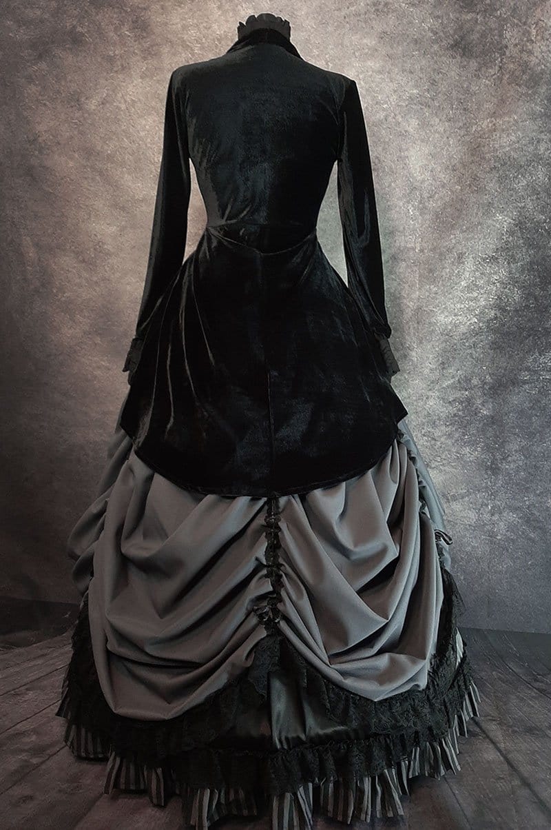back view of the Grey Lady steampunk victorian gothic grey fabric skirt with 3 layers showing back of a velvet Long Rose Bolero worn with it
