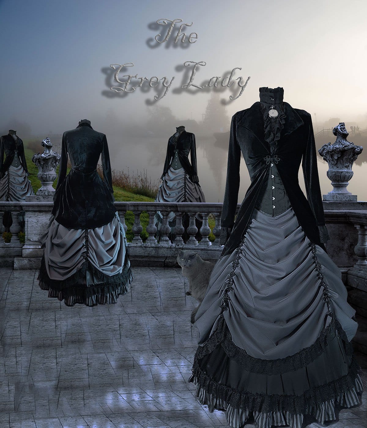 ghostly victorian gothic scene on a balcony featuring a grey cat and a victorian design called the Grey Lady with a corset and a black velvet jacket