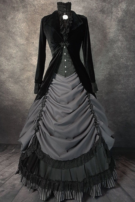 front view of the Grey Lady gothic victorian made to measure skirt set worn with a black brocade corset and black Long Rose Bolero velvet jacket all made in Australia