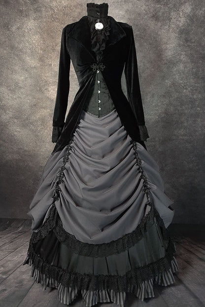 front view of the Long Rose Bolero jacket worn over a corset and full Victorian style skirt made in Australia from black quality stretch velvet