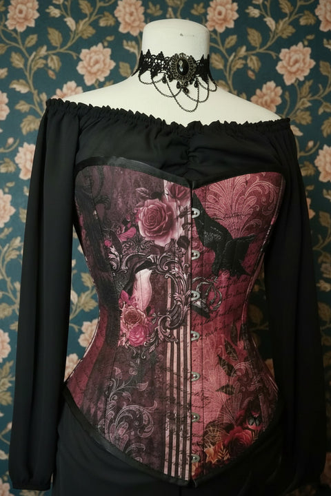 custom made fabric in Australian made Gallery Serpentine Gothic Memento burgundy dusky pink peach toned steel boned corset made to measure