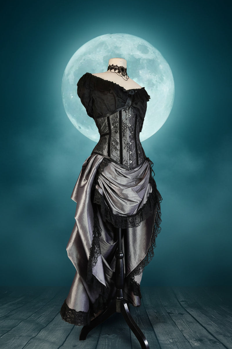 black victorian corset dress Dark silver taffeta Corset & Victorian Bustle Skirt Set