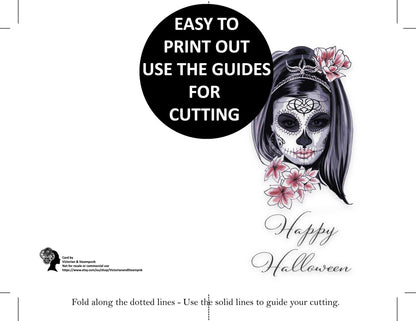 instructions for downloading and folding of the Happy Halloween Day of the Dead print out digital download card by Victorian and Steampunk