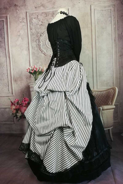 side view of the Hampstead Heath black and white striped victorian steampunk bustle skirt at Gallery Serpentine
