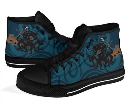 close up on the Pirate Kraken print with turquoise blue stylised waves on a women's canvas sneaker