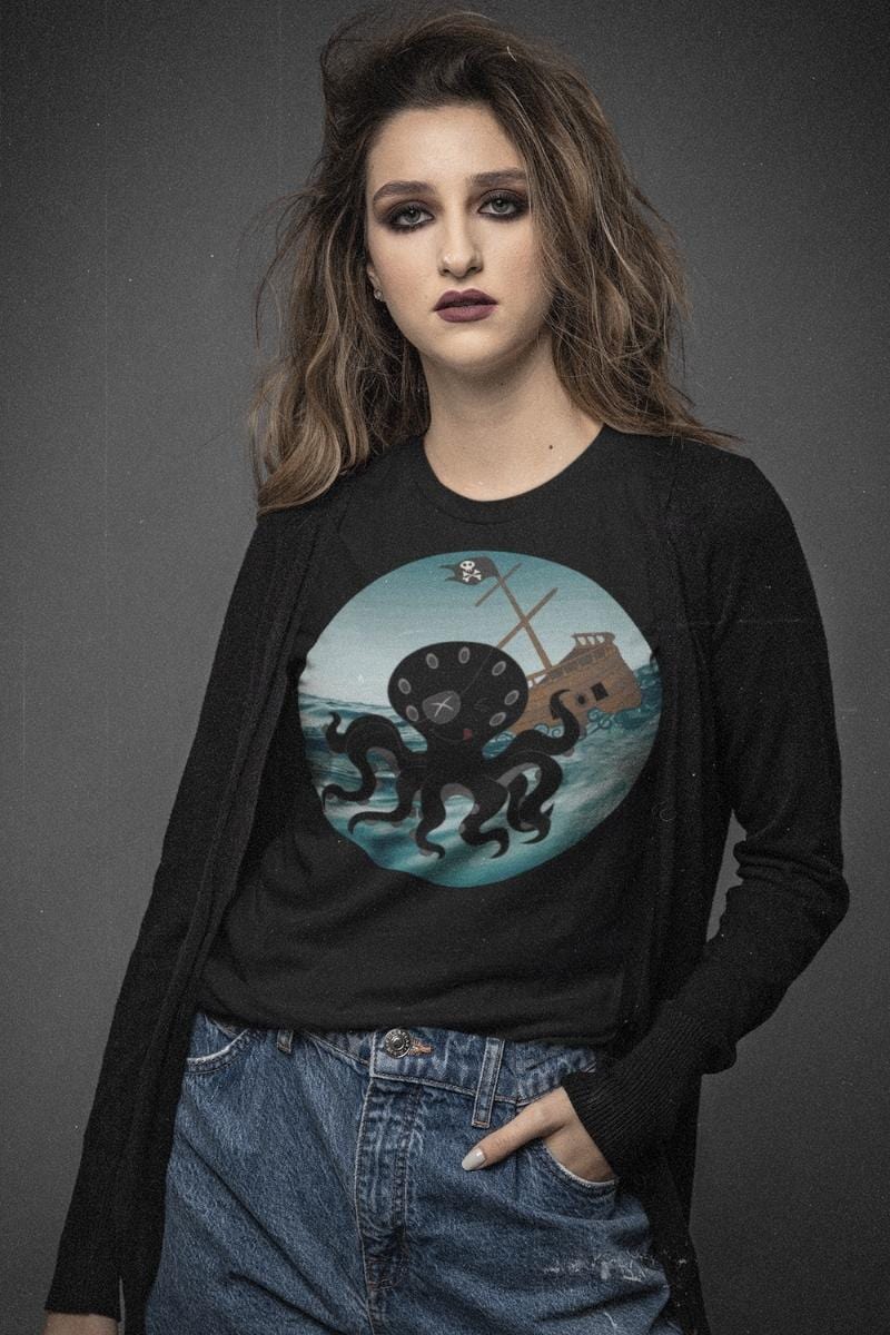 The Happy Kraken pirate shirt on a goth model