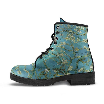 vegan combat boot printed with van Gogh Almond Blossom print in profile