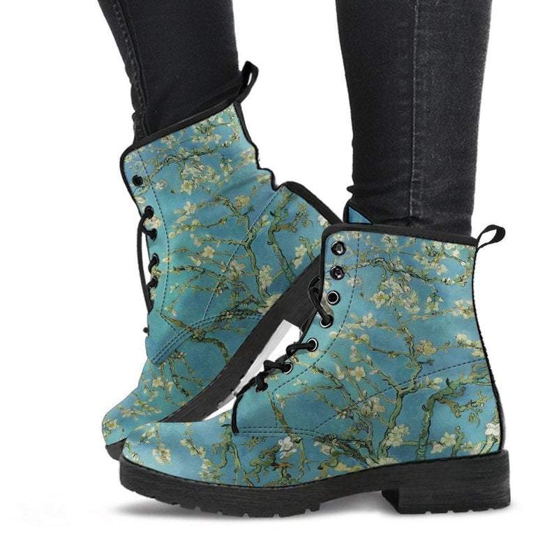 van Goghs Almond Blossom painting custom printed on vegan leather combat boots 