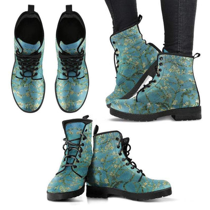 multi views of the rounded toe vegan combat boots printed with van Gogh's Almond Blossom painting