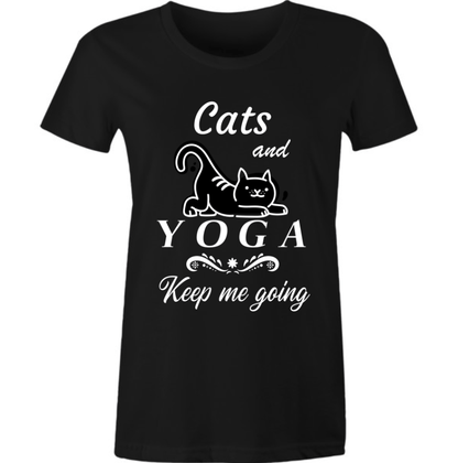 cats and yoga keep me going women's funny black t-shirt