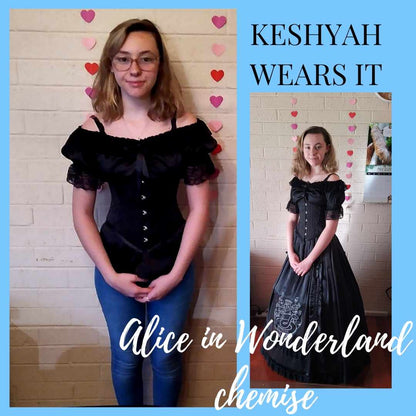 Keshyah wears the black Alice in Wonderland chemise with a Slytherin skirt set and black Lilly under bust corset from Gallery Serpentine