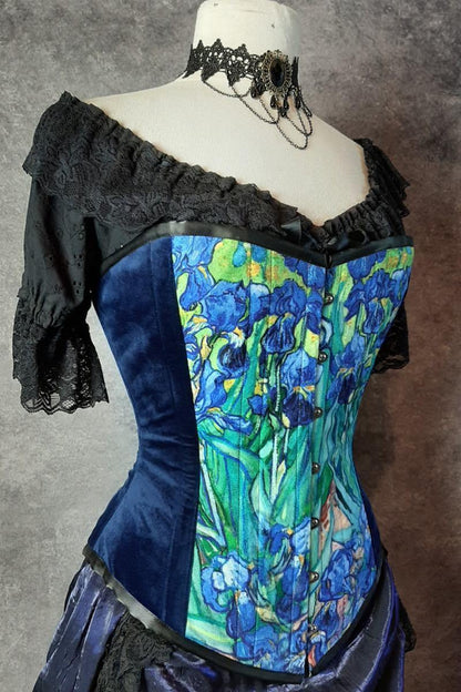 Irises by van gogh feature as an art print custom digitally printed on over bust corset made in Australia