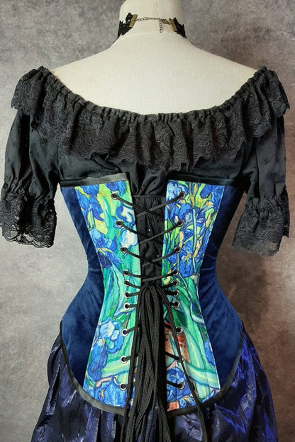 back view of the lacing eyelets and black cord of the van gogh irises print on an over bust corset made in Australia