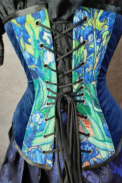 close up back view of the black corset lacing on the van gogh irises print on an over bust corset made in Australia