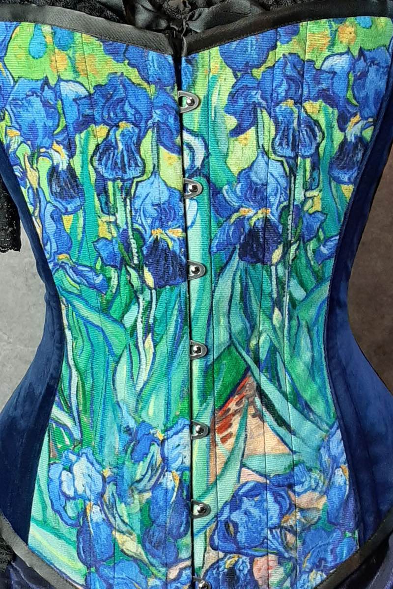close up of the Van Gogh Irises print custom printed for this over bust corset design made in Australia