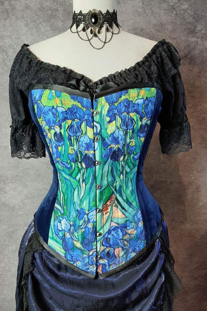 van gogh irises print on an over bust corset made in Australia shown on a dressmaker's mannequin with victorian choker 