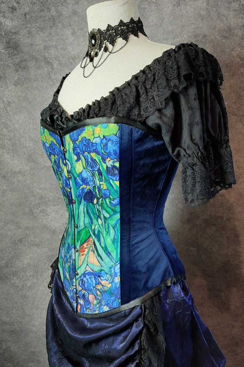 side front view of the van gogh irises print on an over bust corset made in Australia