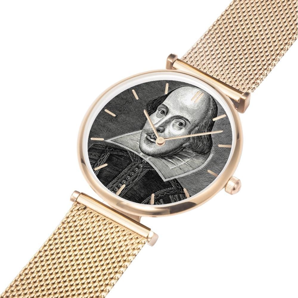 Shakespeare watch with 5 minute indicators on the face with a rose gold body and band