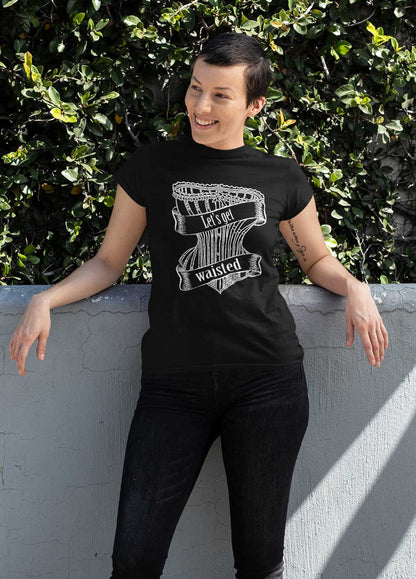 short haired model cool female model wearing a Gallery Serpentine Let's Get Waisted t-shirt in black