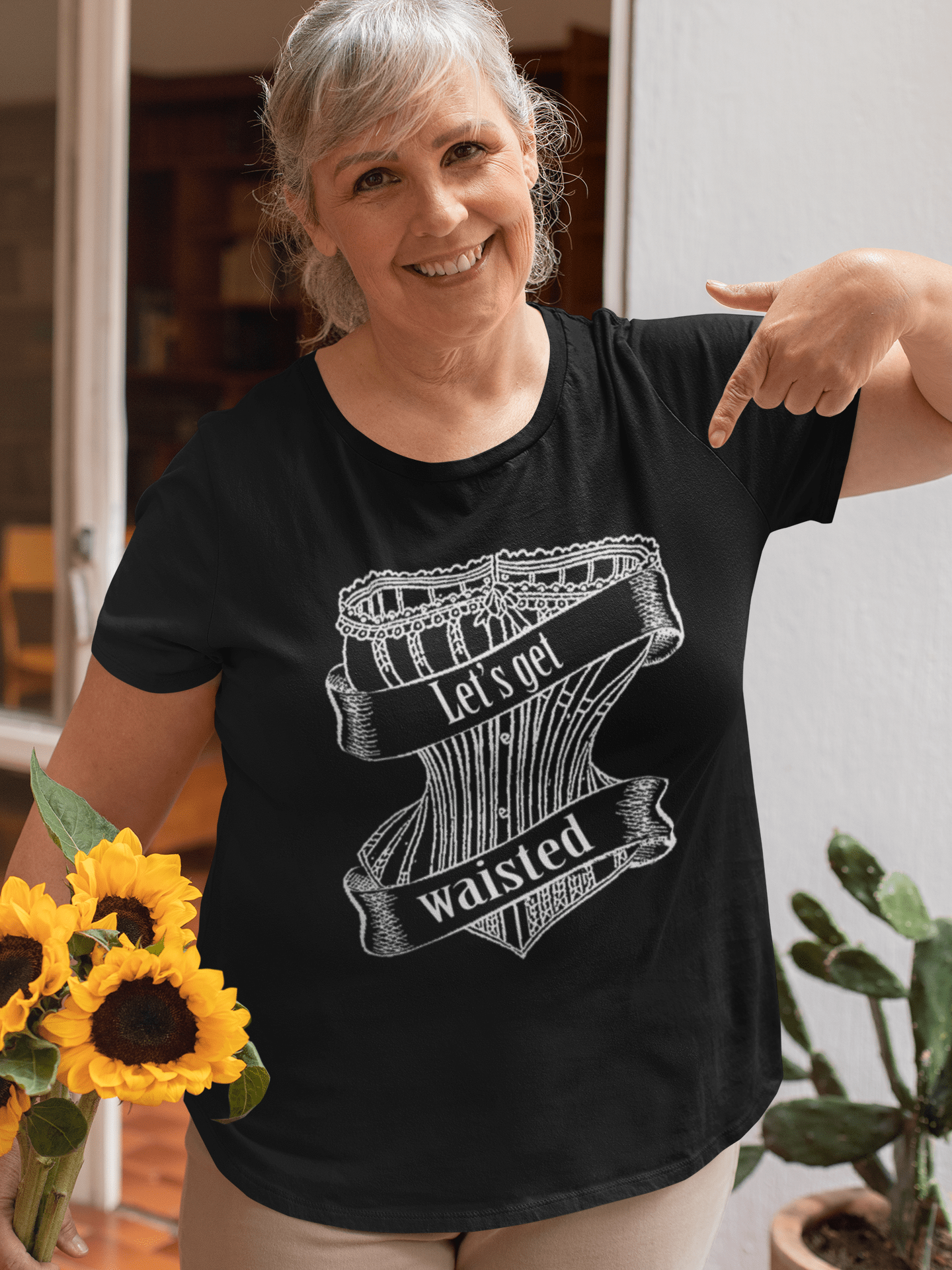 Inclusive non-ageist Let's Get Waisted Corset Wearers tshirt for Gallery Serpentine corset wearers
