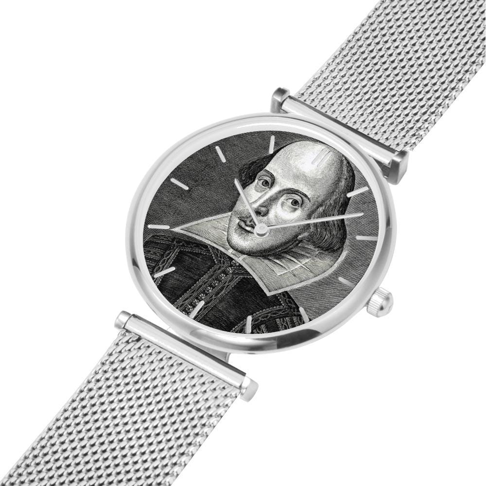 silver coloured body and band on the digitally printed Shakespeare image watch with 5 minute indicators