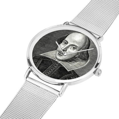 Shakespeare digital printed 8mm thick stainless steel watch, water resistant in silver colour
