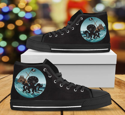 view of the Happy Pirate Kraken pirate ship canvas sneakers at Christmas