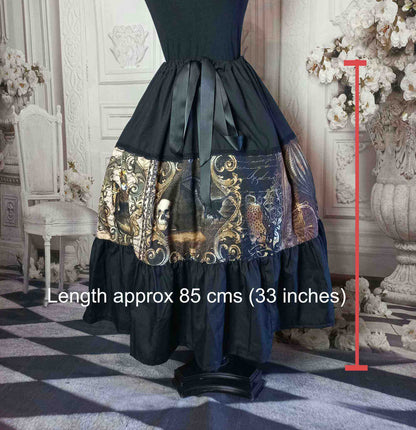 gothic victorian occult print tea length skirt showing length of the skirt 33 inches