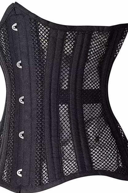 close up on the LONGLINE Waist Control Corset that is double steel boned, made from heavy duty mesh and cotton