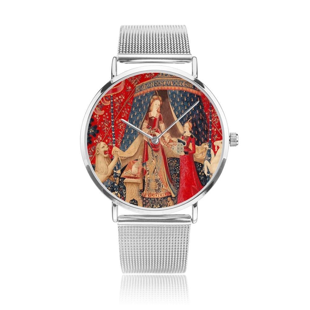 front on view of the the Lady and the Unicorn tapestry artwork now on a quality citizen movement watch