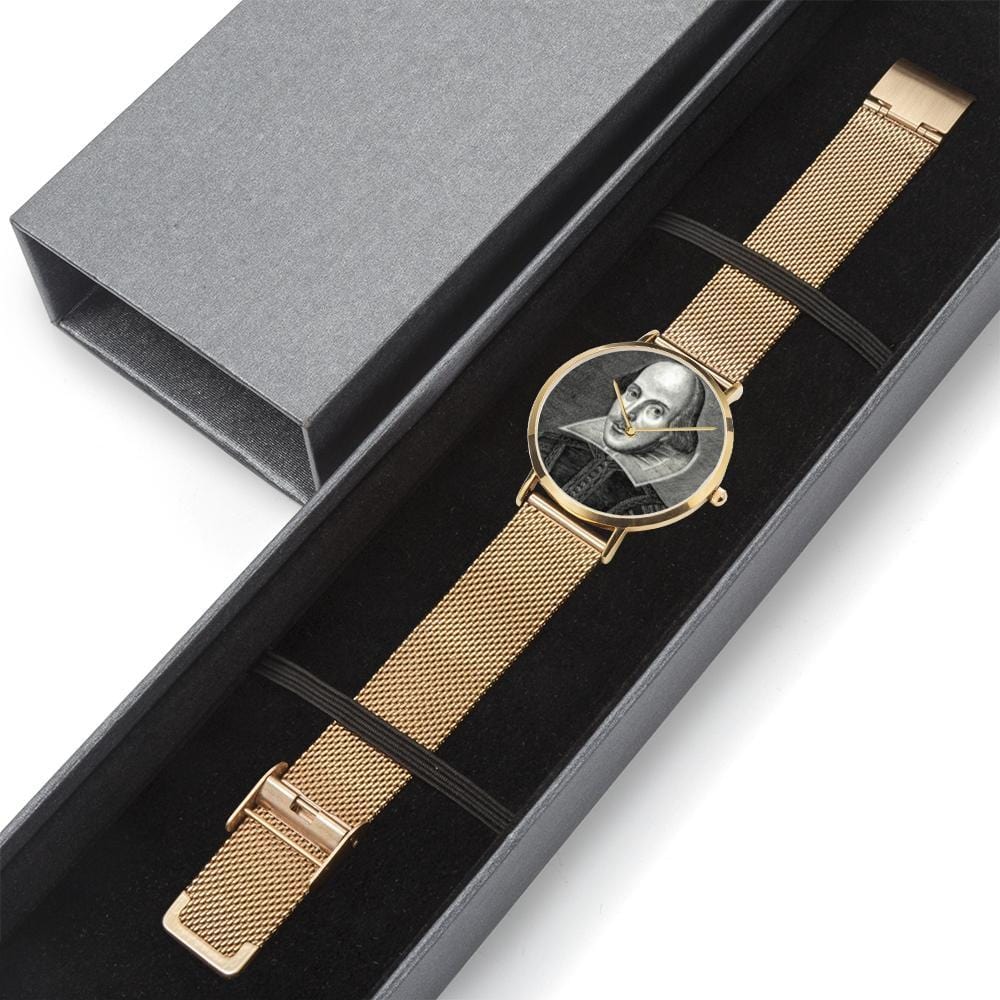 gift box laid out view of the Shakespeare digital printed 8mm thick stainless steel watch, water resistant in rose gold