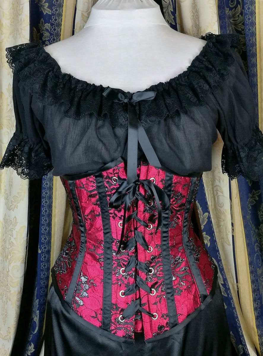 front view of the sexy red and black gothic steel boned under bust corset made in Australia, now available made to order at Gallery Serpentine