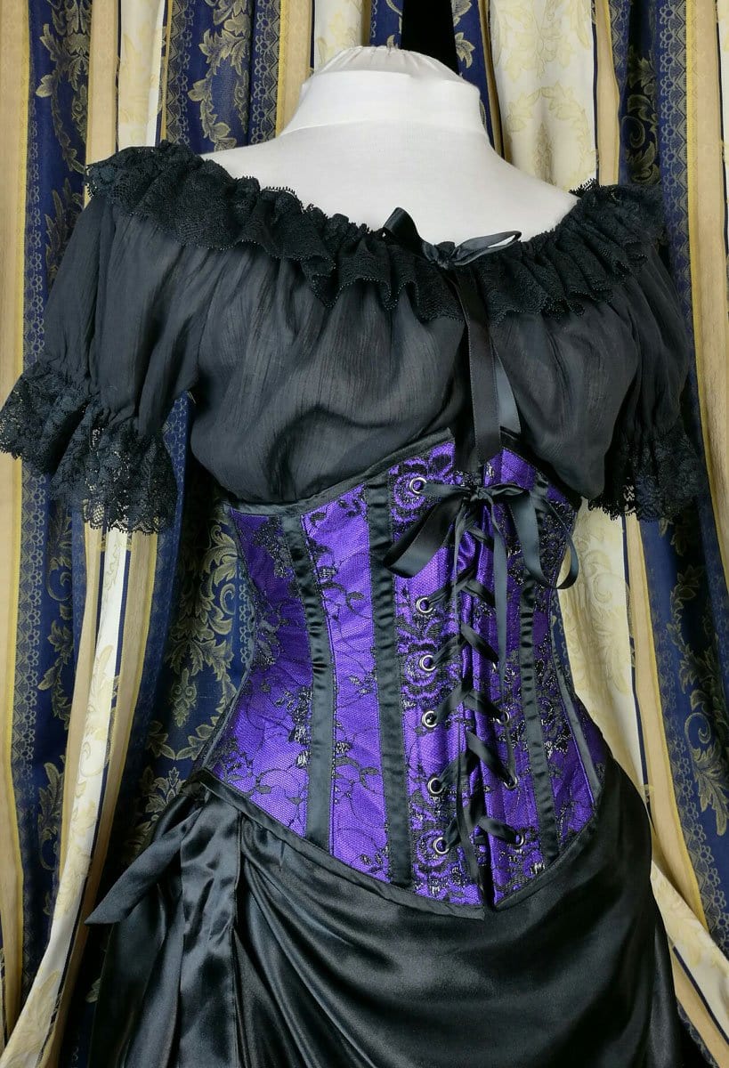NEW purple and black gothic under bust corset, steel boned, feminine, waist enhancing shape, now available made to order at Gallery Serpentine, shown worn with a new Alice in Wonderland Chemise in black cheesecloth