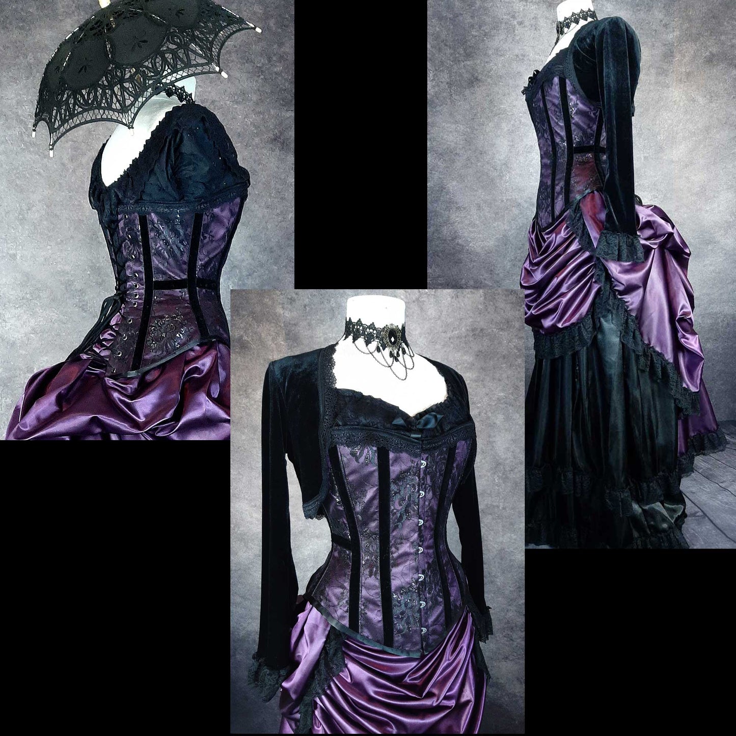 3 photo layup featuring the matching Pandora Over bust corset to the deluxe victorian bustle skirt in amethyst satin