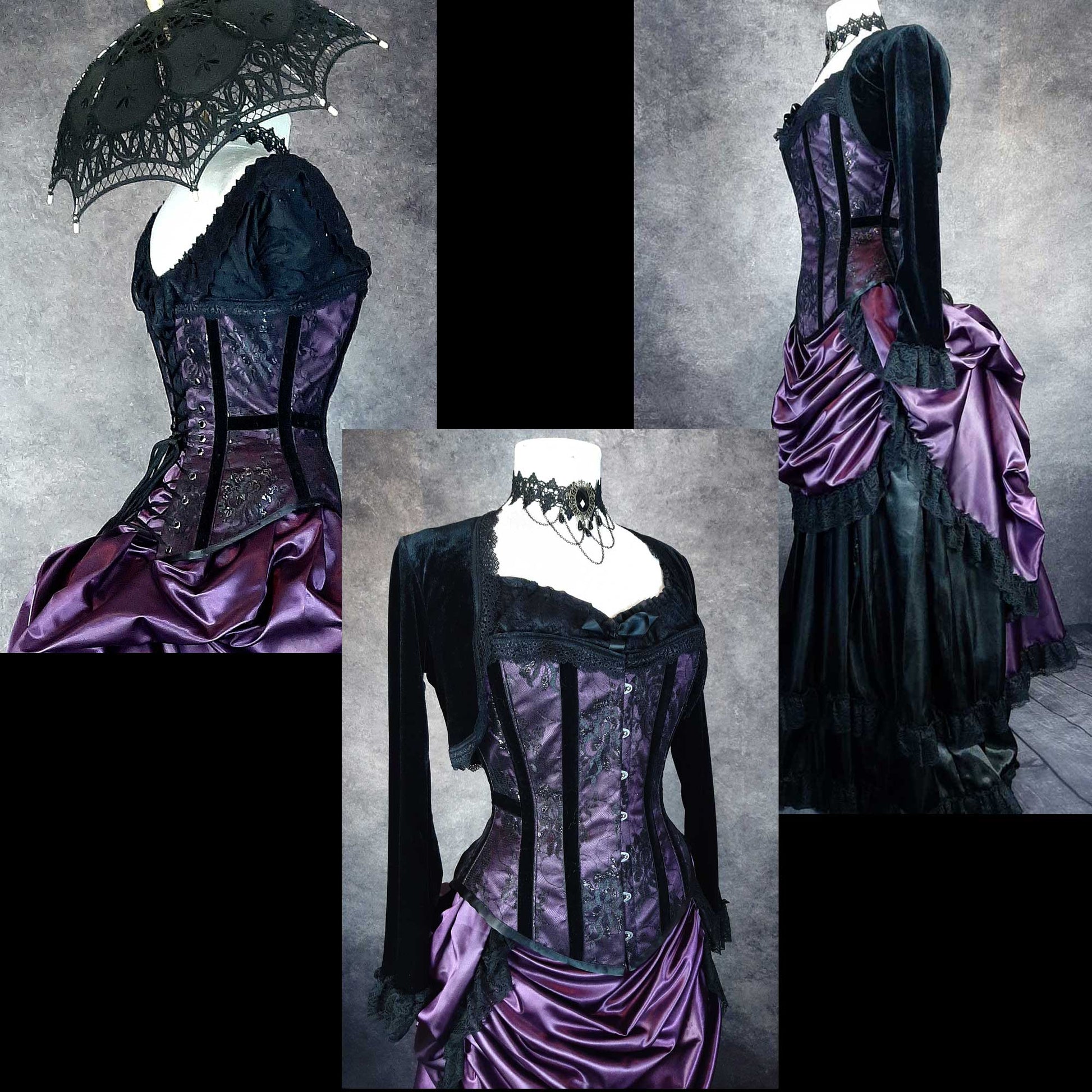 3 photo lay up of the new Amethyst over bust corset with black velvet ribbon trim and black gothic lace overlay