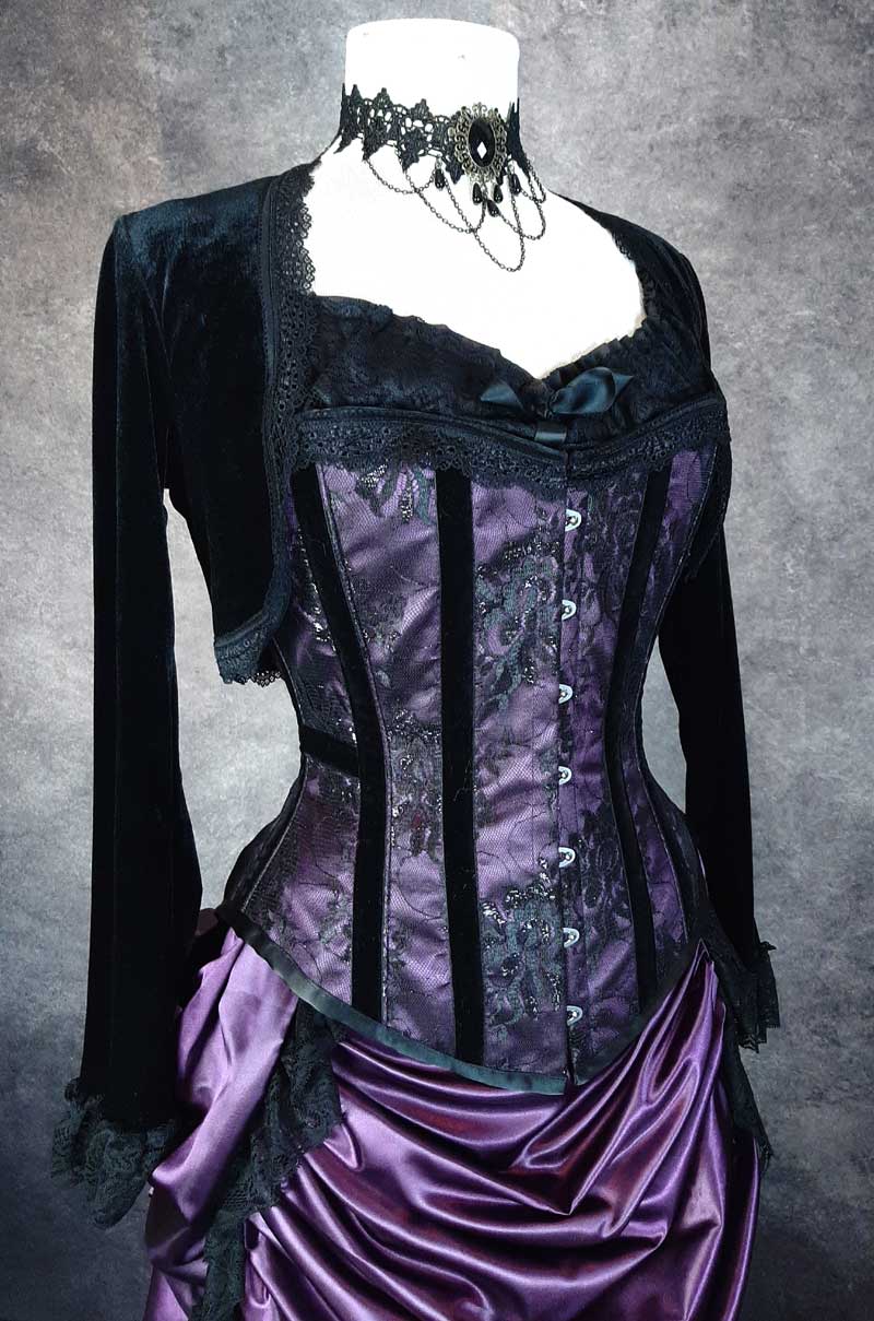 close up on the Pandora Amethyst Over bust corset made in Australia featuring gothic black lace overlay