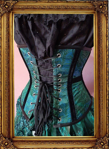 back view of the peacock brocade steel boned under bust corset