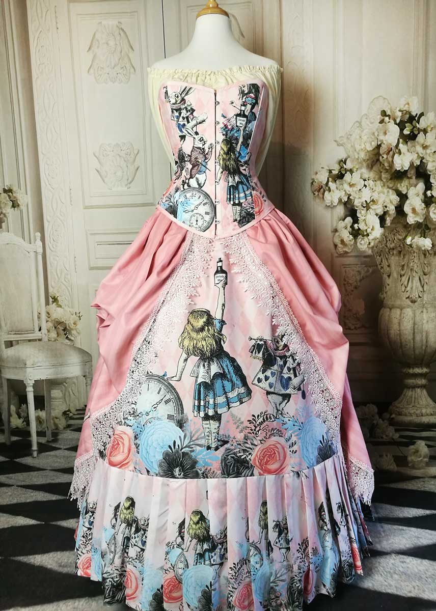 Pink victorian themed Alice in Wonderland wedding dress made in Australia