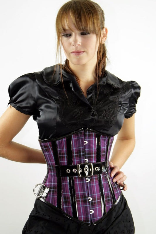 purple tartan pvc trimmed fetish gothic under bust corset made in Australia