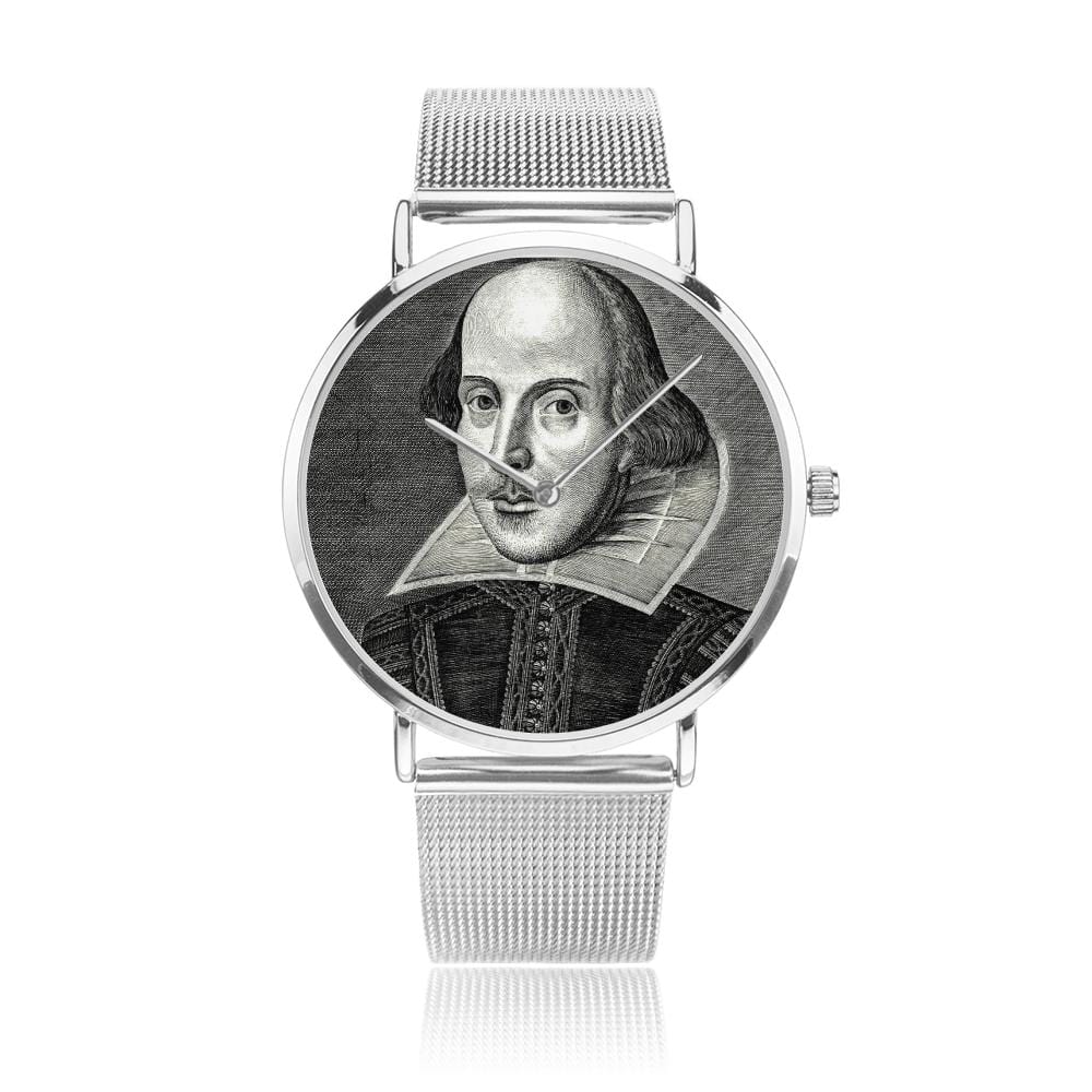 front view of the Shakespeare digital printed 8mm thick stainless steel watch, water resistant in silver colour