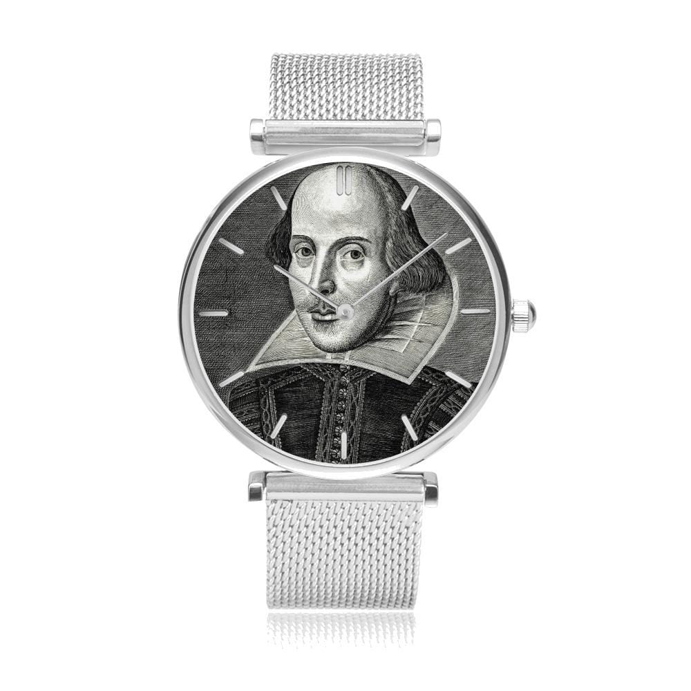 front on view of the 33mm diameter Shakespeare image watch in silver