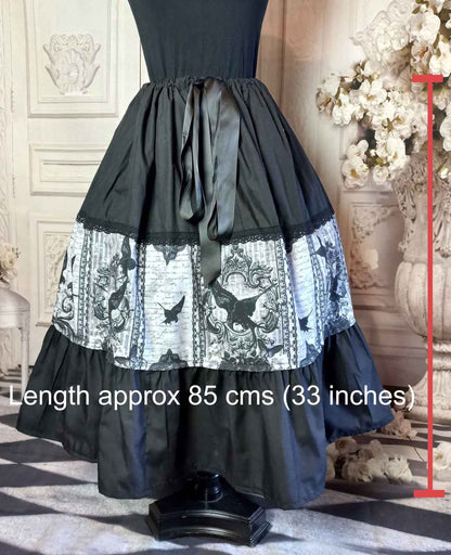 Gothic tea length skirt with gothic raven print in grey and black, polycotton fabric, adjustable sizing