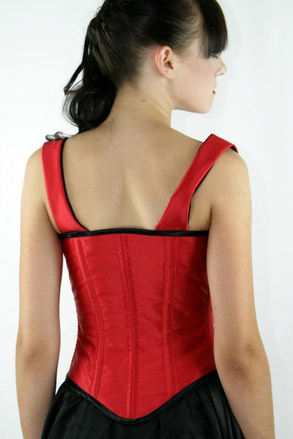Scarlette Harlotte Corset, tudor style corset front and back lacing in a scarlet red, steel boned over bust back of 