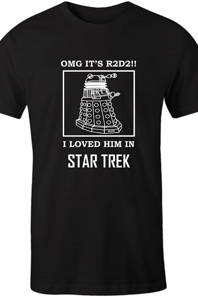 black men's AS tshirt printed with a funny sci-fi meme featuring a Dalek