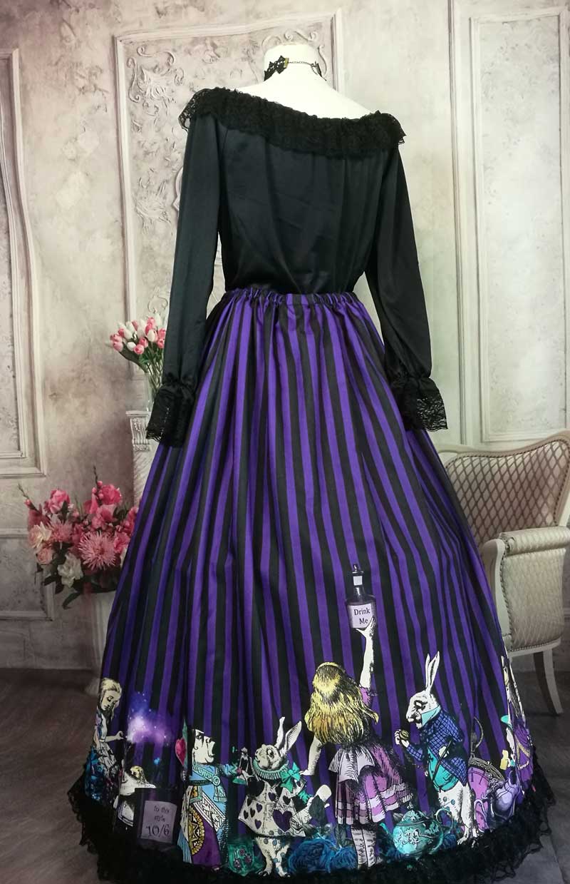 full length Dark Alice in Wonderland themed a-line skirt printed with all the Alice in Wonderland characters in purple tones