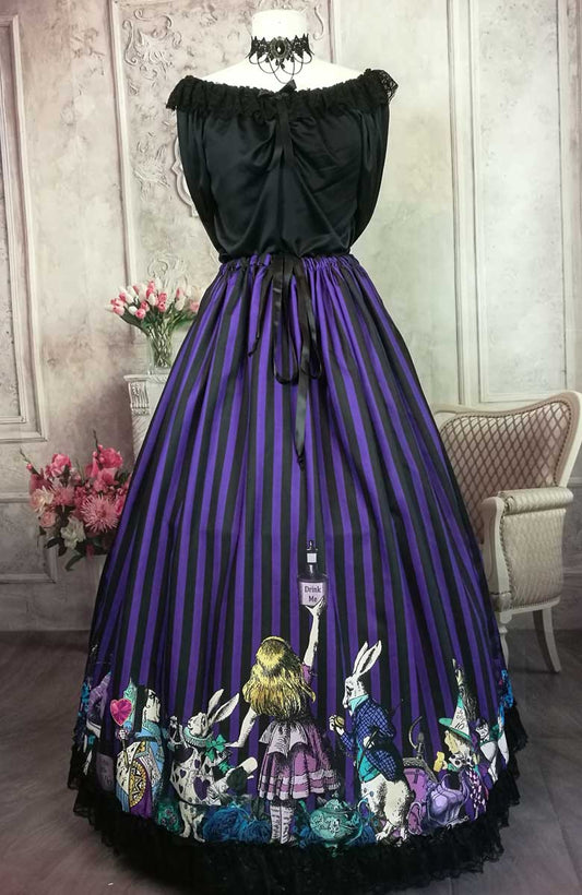 full length Dark Alice in Wonderland themed a-line skirt printed with all the Alice in Wonderland characters