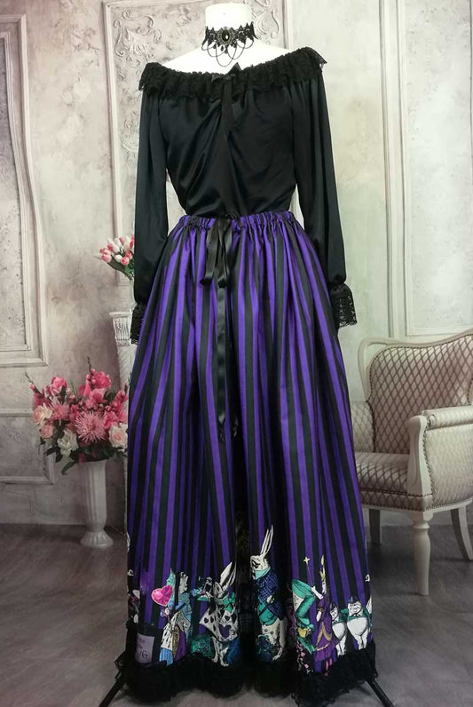 Dark purple and black striped full length A line skirt, one size fits all, Alice in Wonderland characters