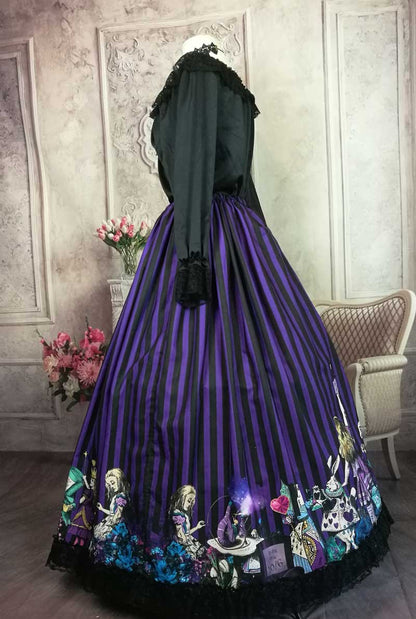 side view of the purple & black striped full length Dark Alice in Wonderland themed a-line skirt printed with all the Alice in Wonderland characters