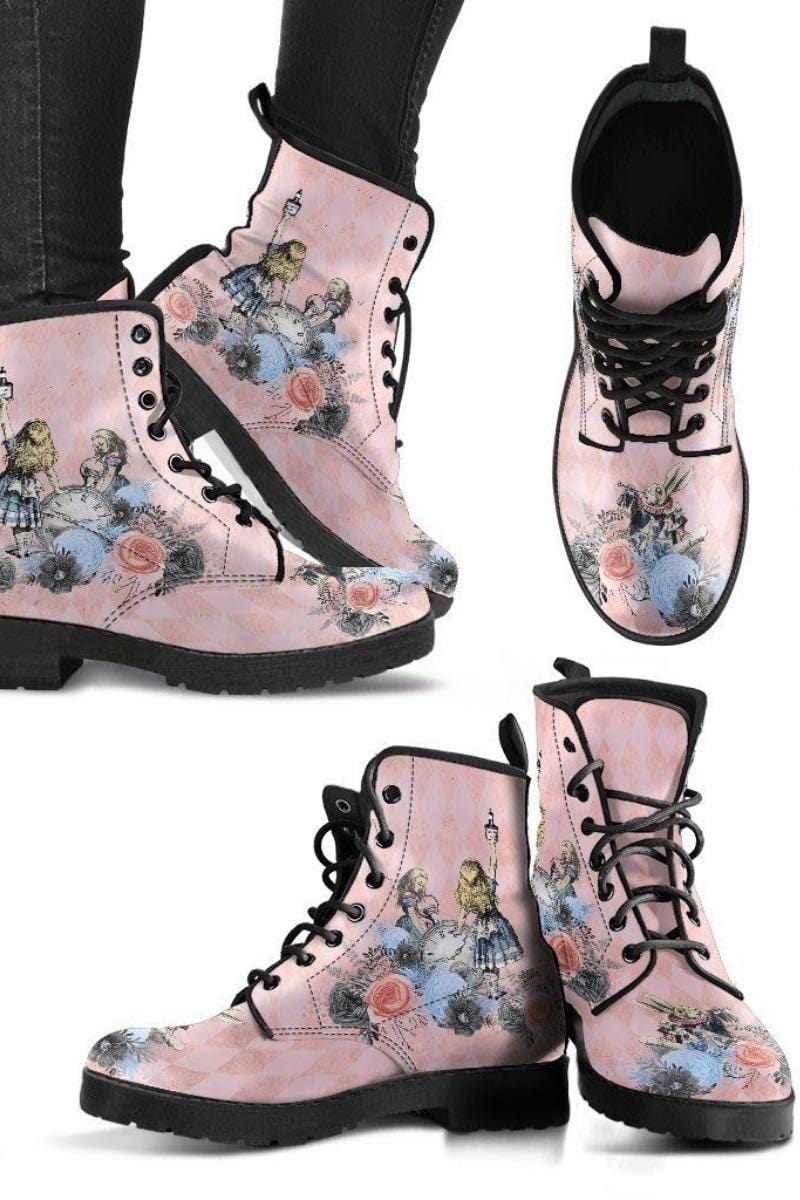 multi views showing all angles of the Alice in Wonderland cute printed vegan boots on Gallery Serpentine website